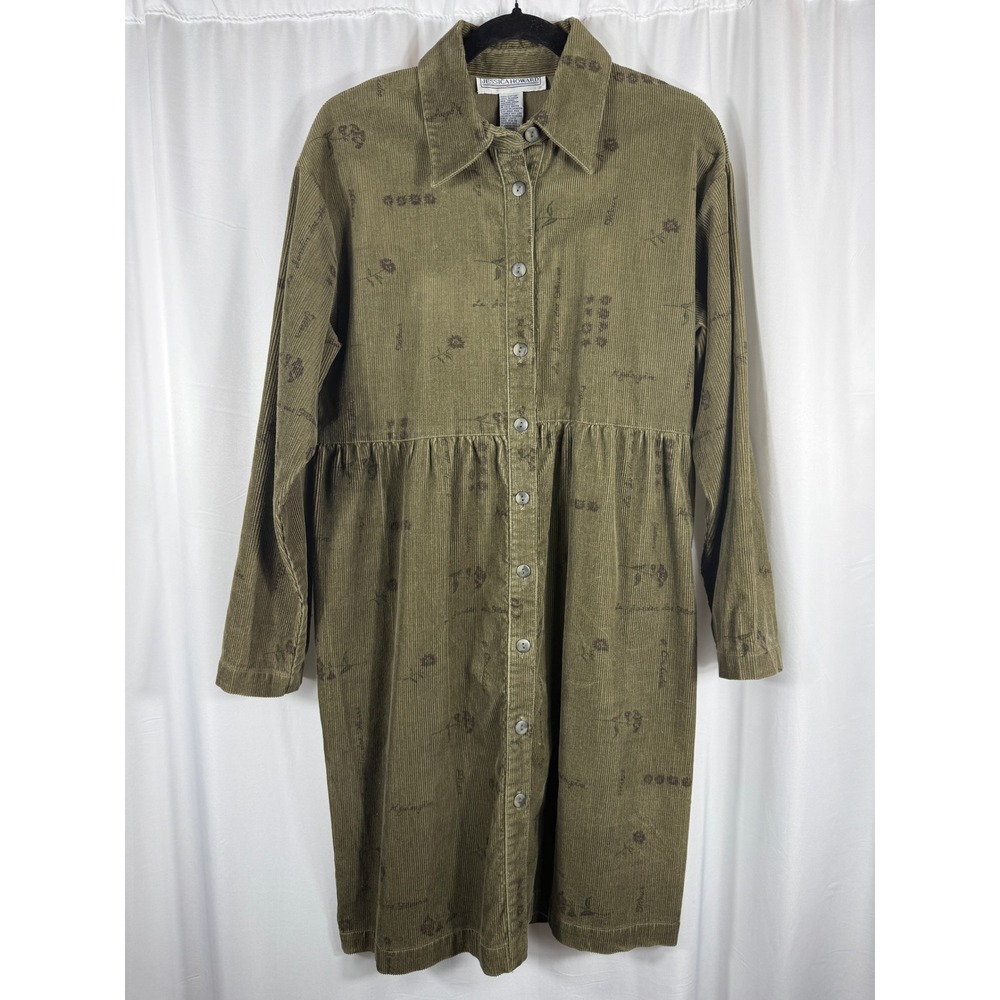 Vintage‎ Jessica Howard Corduroy Floral Shirt Dress Olive Green Size 10